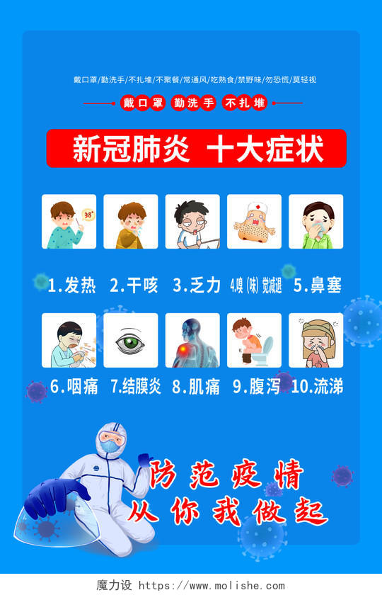 简约大气蓝色新冠状肺炎10大症状十大症状宣传海报